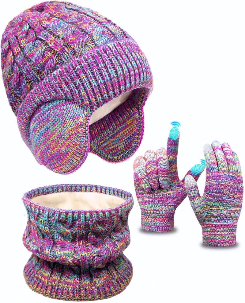 EAONE Kids Winter Hat Gloves Scarf Set,Toddler Girls Boys Beanie Hat with Earflaps,Knit Mittens & Neck Gaiter Warmer for Kids 4-12 - Image 1